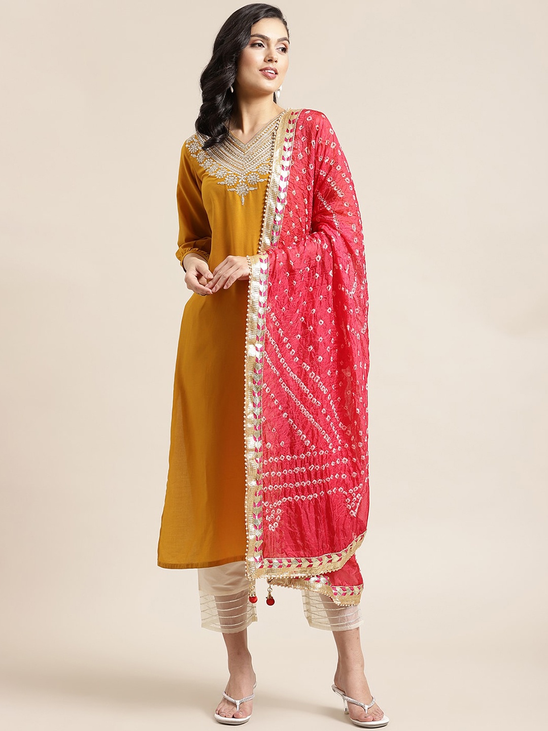 Varanga Women Mustard Yellow Floral Yoke Design Regular Kurta with Trousers & With Dupatta
Varanga Women Mustard Yellow Floral Yoke Design Regular Kurta with Trousers & With Dupatta