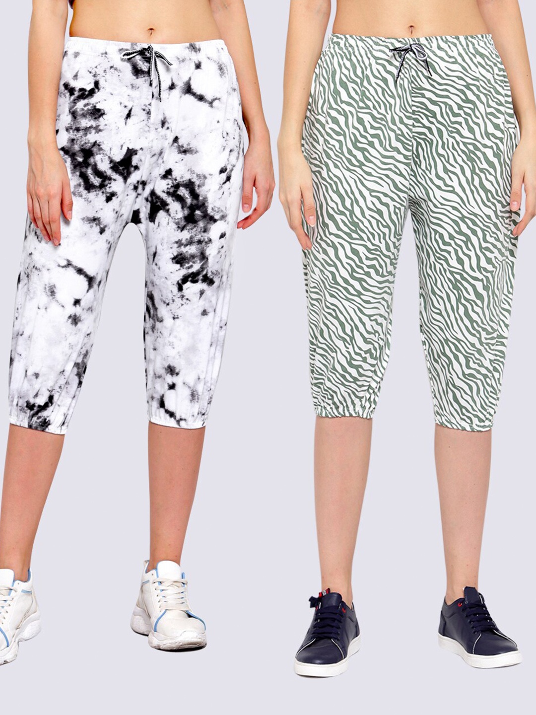 KLOTTHE Women White & Grey Pack of 2 Printed Capris