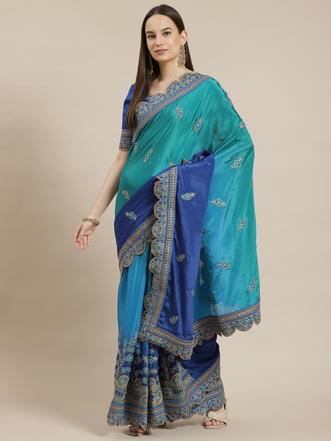 MANOHARI Green & Blue Ombre Zardozi Pure Chiffon Ready to Wear Saree