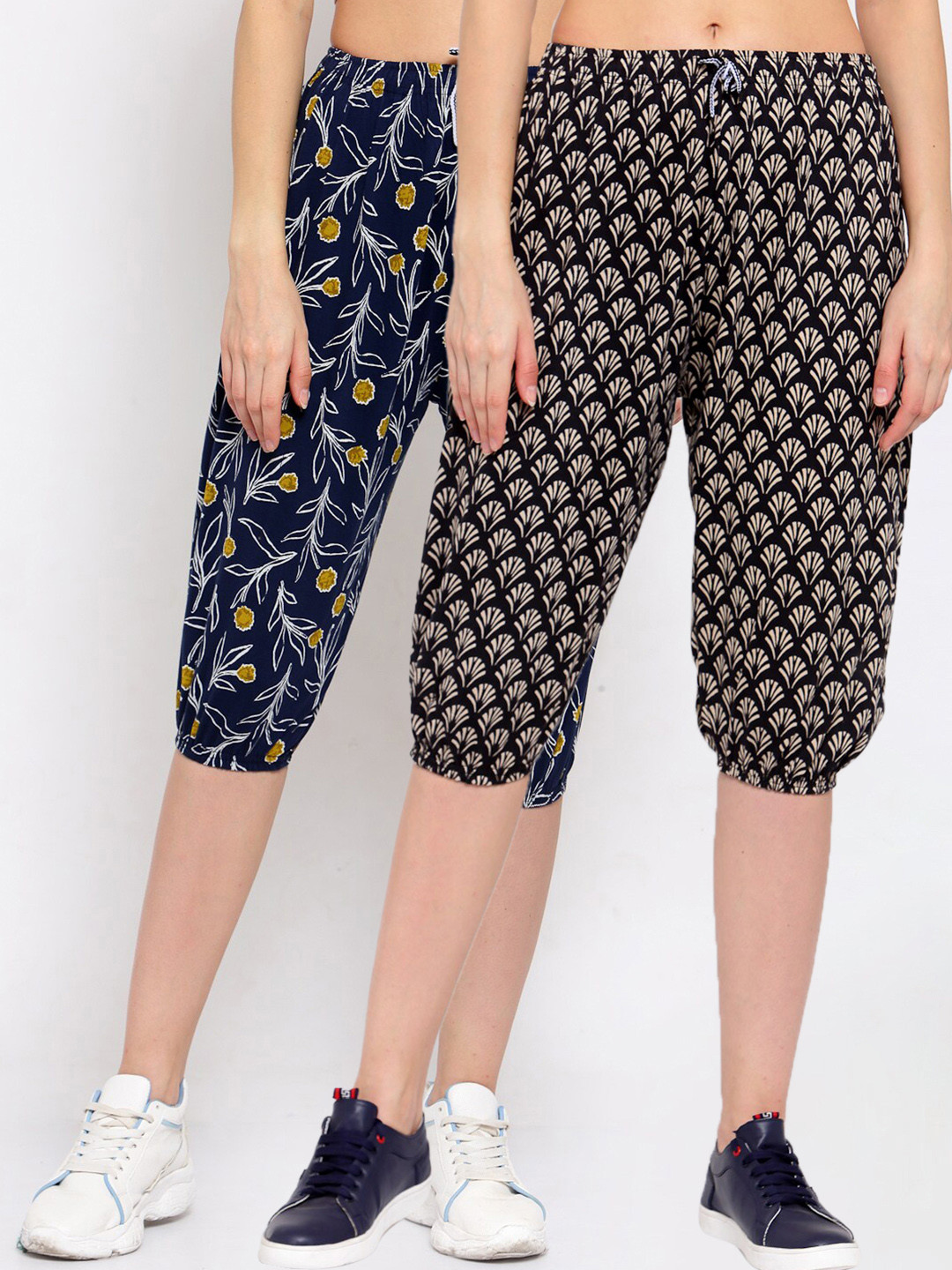 KLOTTHE Women Pack Of 2 Black & Navy Blue Printed Mid-Rise Pure Cotton Capris 
KLOTTHE Women Pack Of 2 Black & Navy Blue Printed Mid-Rise Pure Cotton Capris