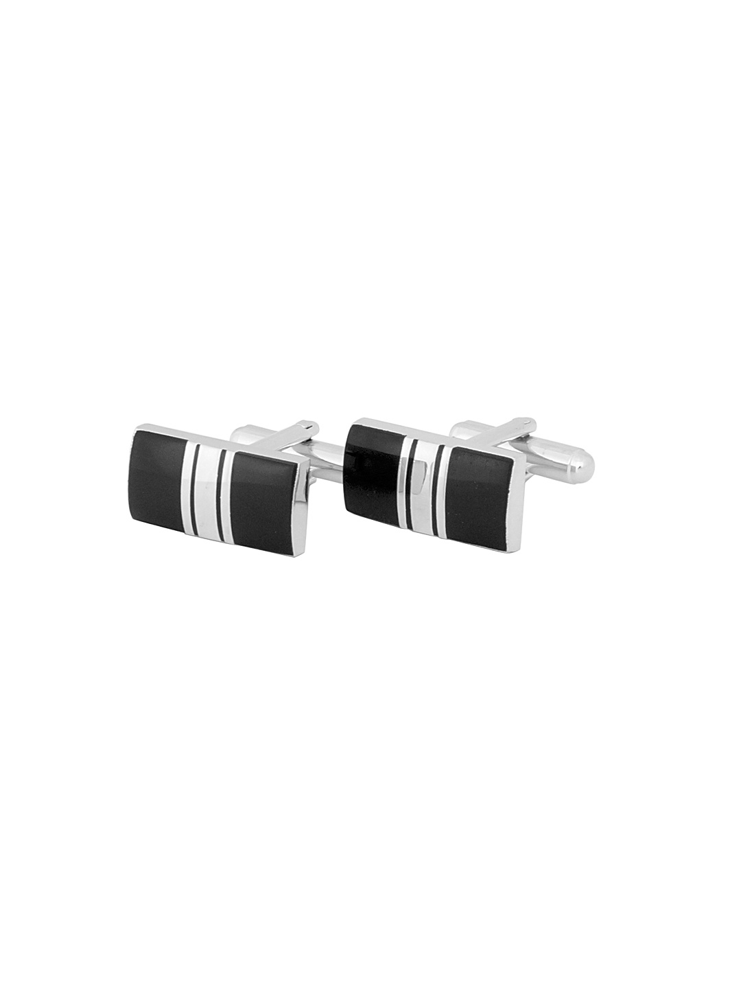 The Tie Hub Silver-Toned & Black Rectangular Cufflinks