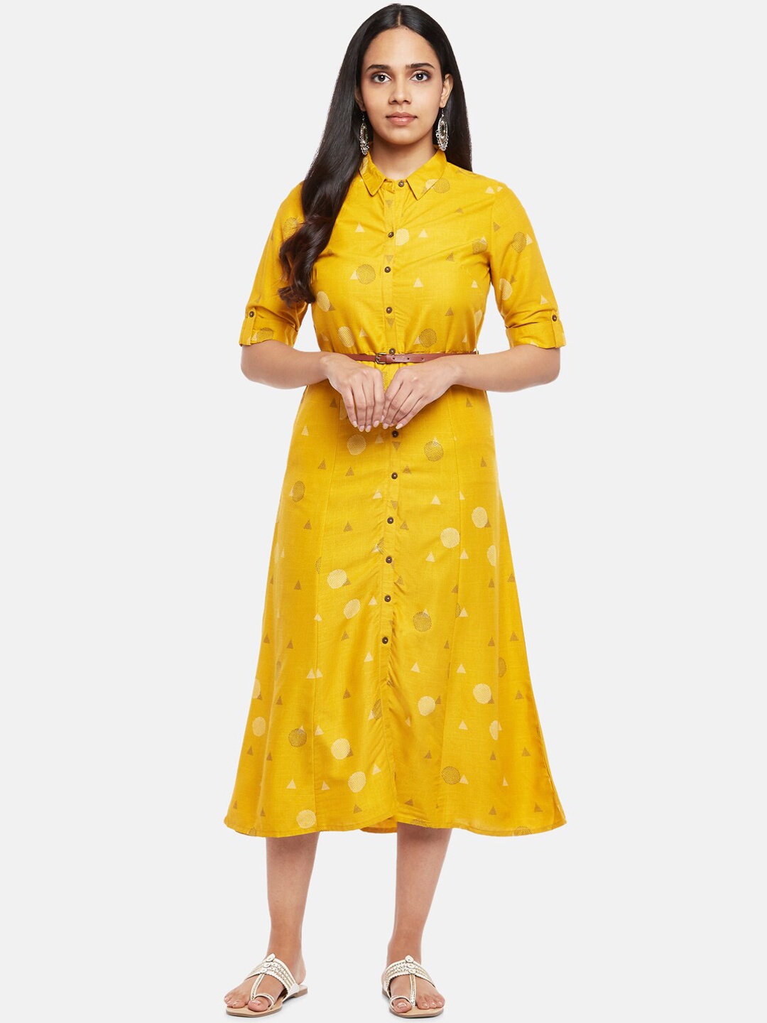 AKKRITI BY PANTALOONS Women Mustard Yellow & Off White Printed Belted Shirt Midi Dress
AKKRITI BY PANTALOONS Women Mustard Yellow & Off White Printed Belted Shirt Midi Dress