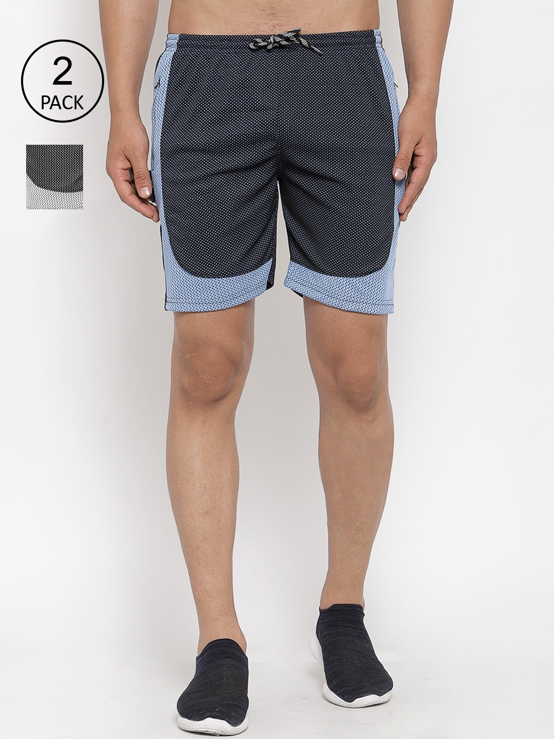 KLOTTHE Men Pack Of 2 Black and Blue Colourblocked Sports Shorts
