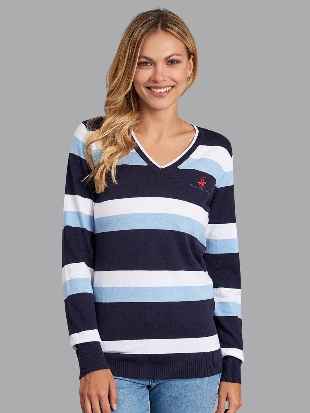 Beverly Hills Polo Club Women Navy Blue & White Yarn Dye Striped V-Neck Sweater
Beverly Hills Polo Club Women Navy Blue & White Yarn Dye Striped V-Neck Sweater