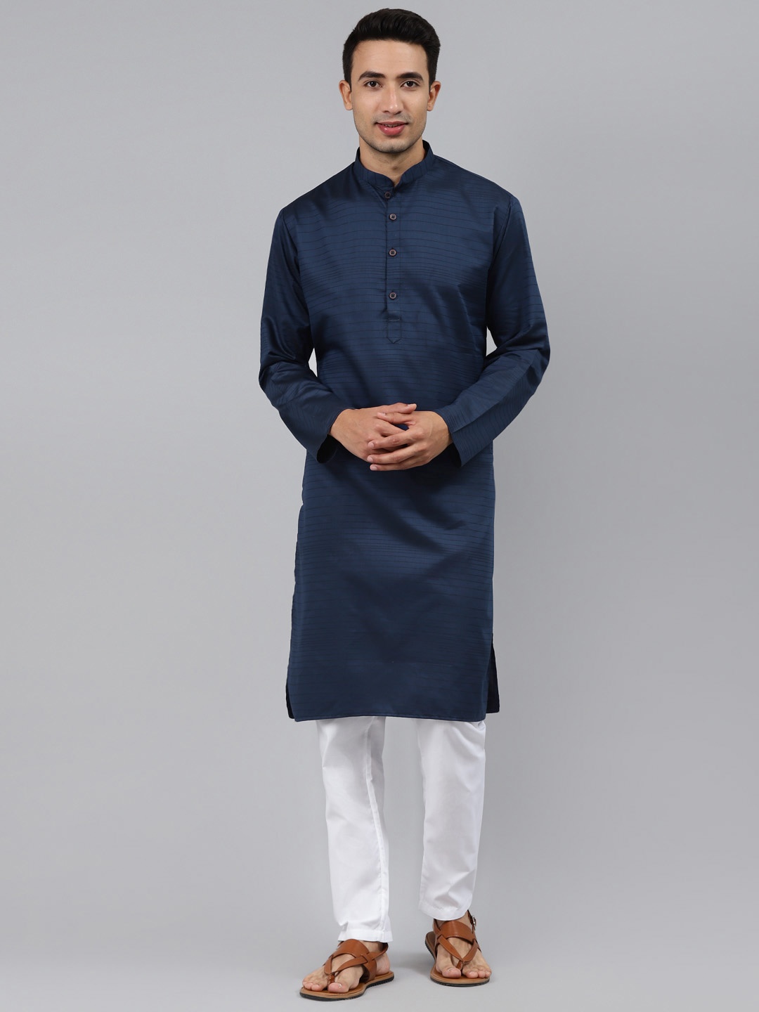 MANQ Men Navy Blue Striped Regular Kurta with Pyjamas