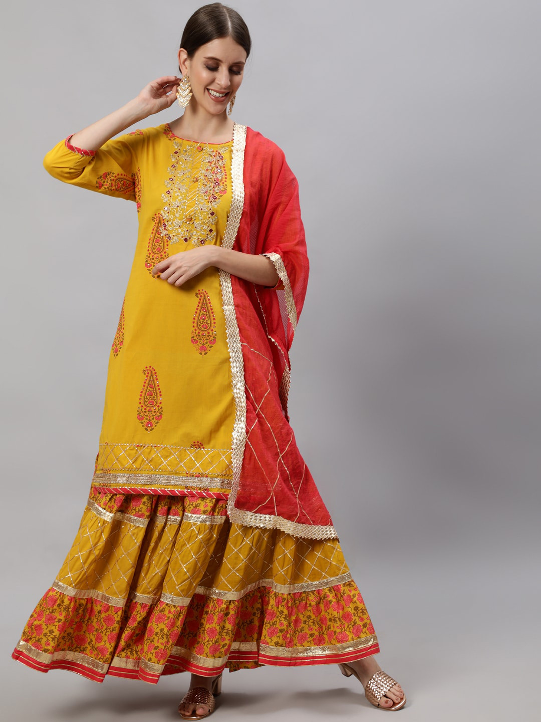 Ishin Ethnic Motifs Printed Thread Work Pure Cotton Kurta with Sharara, Mustard
Ishin Ethnic Motifs Printed Thread Work Pure Cotton Kurta with Sharara, Mustard