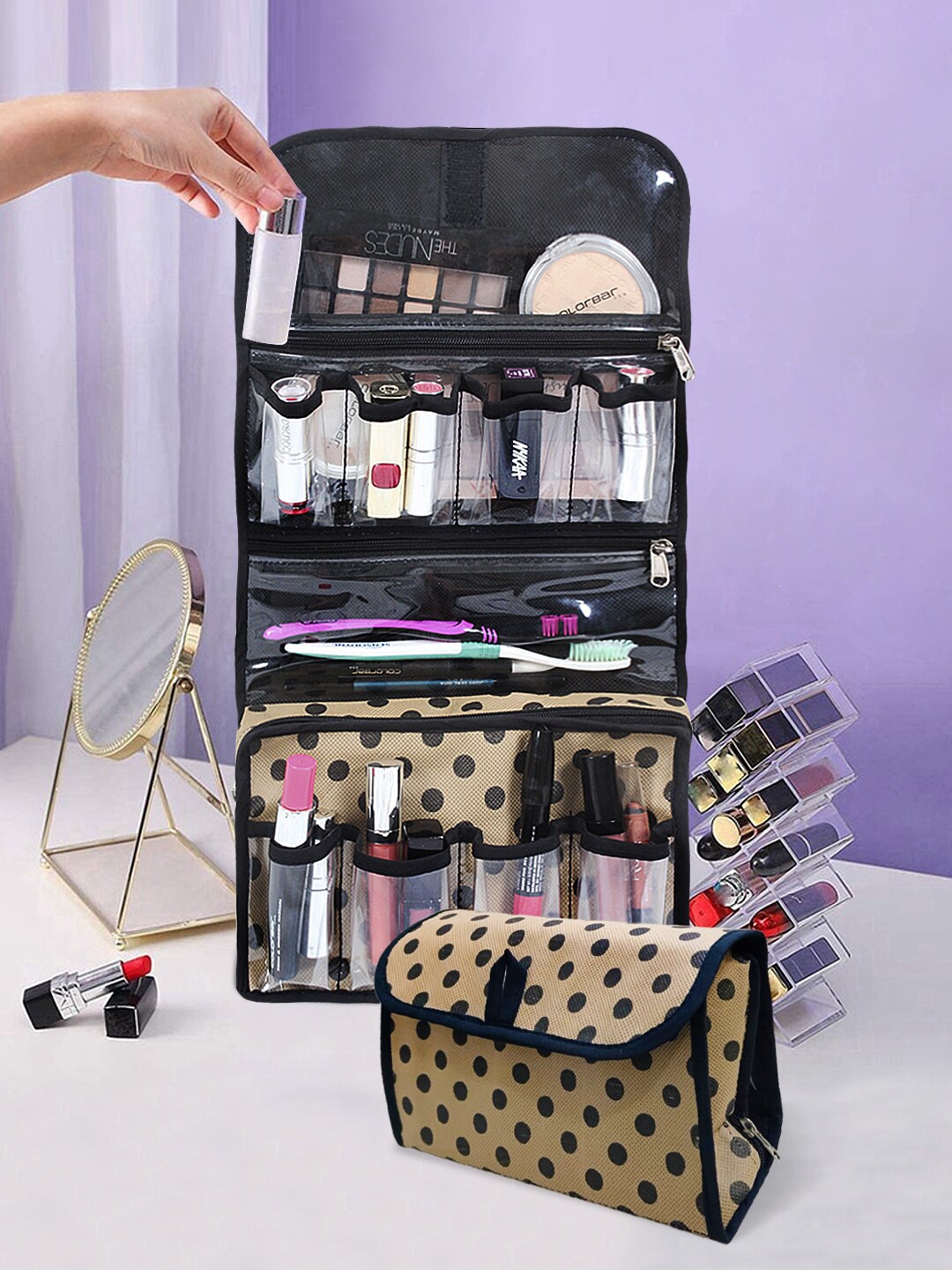 prettykrafts Beige Toiletry Bag With Hanging Hook