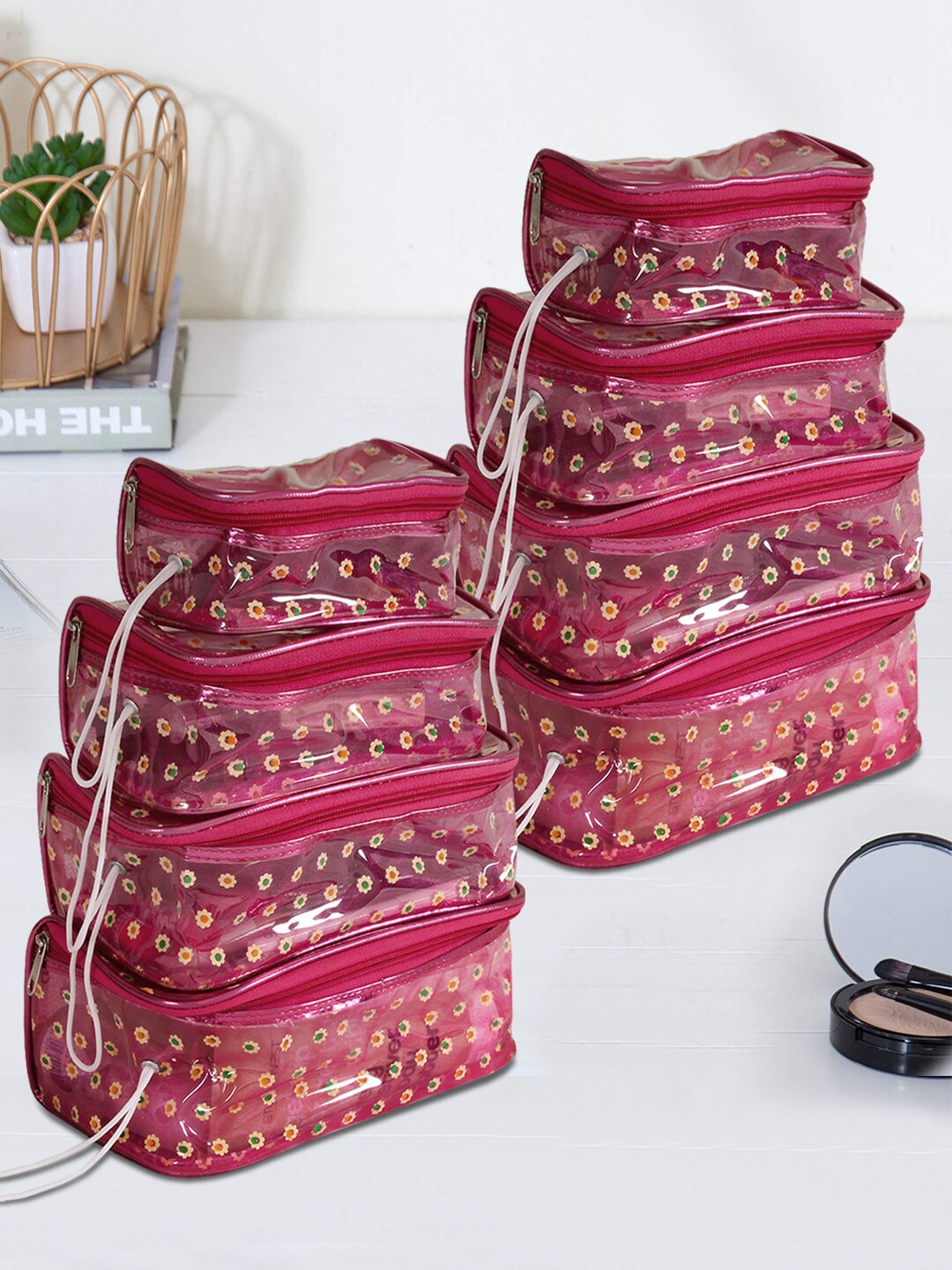 prettykrafts Set Of 8 Pink Printed Makeup Cosmetics Bag