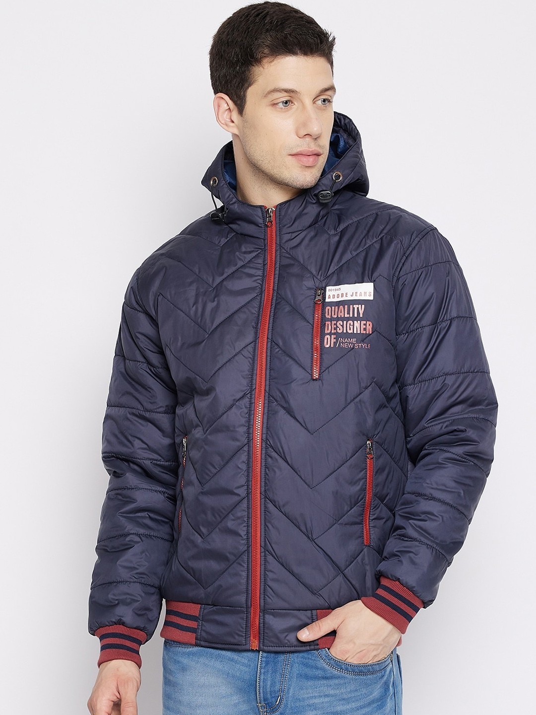 Adobe Men Navy Blue Red Typography Printed Lightweight Full Sleeve Hooded Quilted Jacket
Adobe Men Navy Blue Red Typography Printed Lightweight Full Sleeve Hooded Quilted Jacket