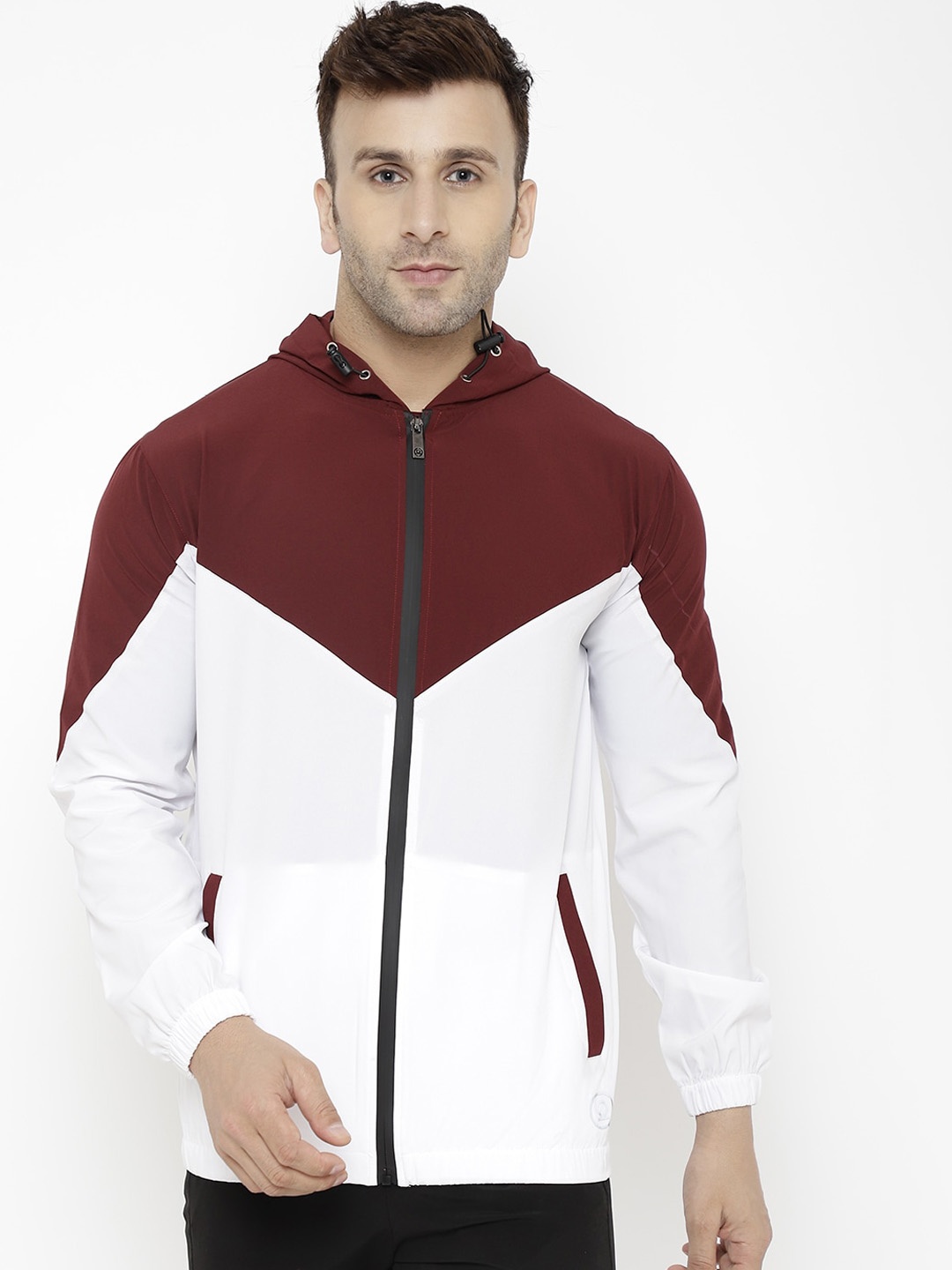 Chkokko Men Maroon & White Colourblocked Windcheater and Water Resistant Sporty Jacket
Chkokko Men Maroon & White Colourblocked Windcheater and Water Resistant Sporty Jacket