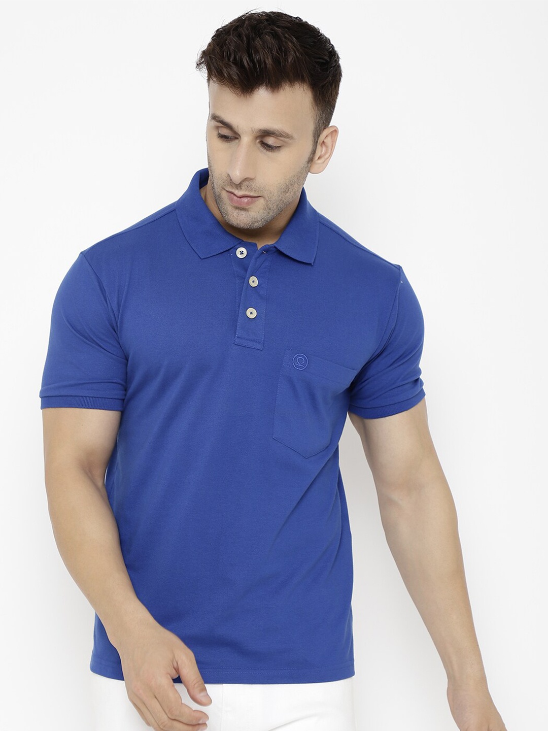 CHKOKKO Men Blue Polo Collar Pockets Cotton T-shirt