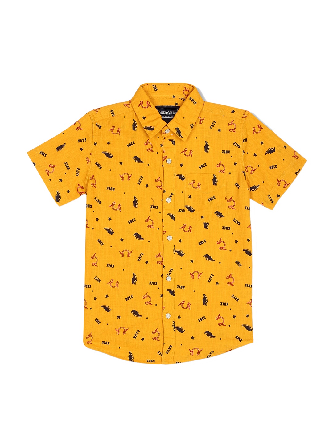 Cherokee Boys Yellow & Black Printed Cotton Casual Shirt