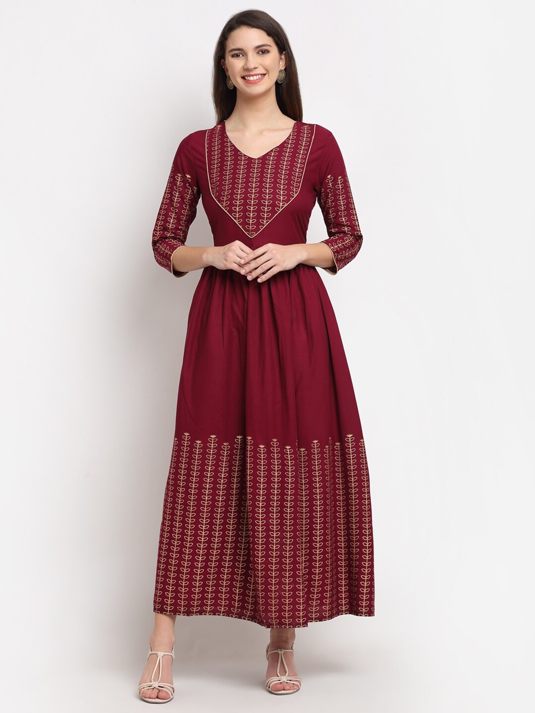 Rudra Bazaar Women Maroon & Gold-Toned Ethnic Motifs Printed Anarkali kurta