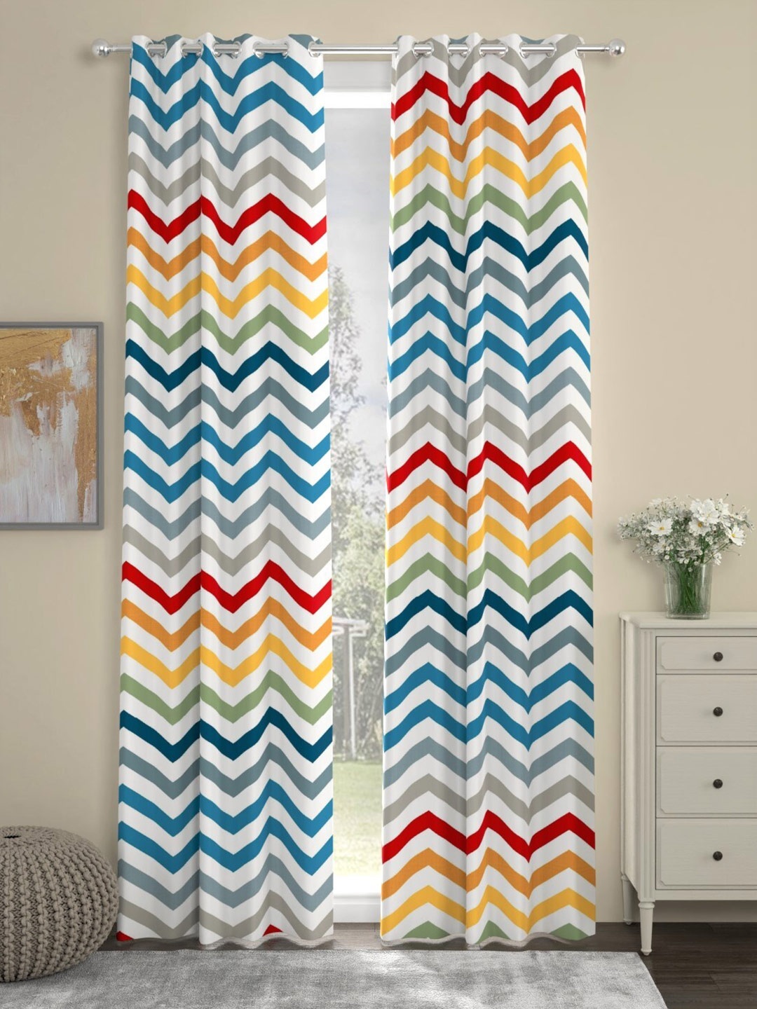 URBAN SPACE Multicoloured Set of 2 Geometric Long Door Curtains, Multi