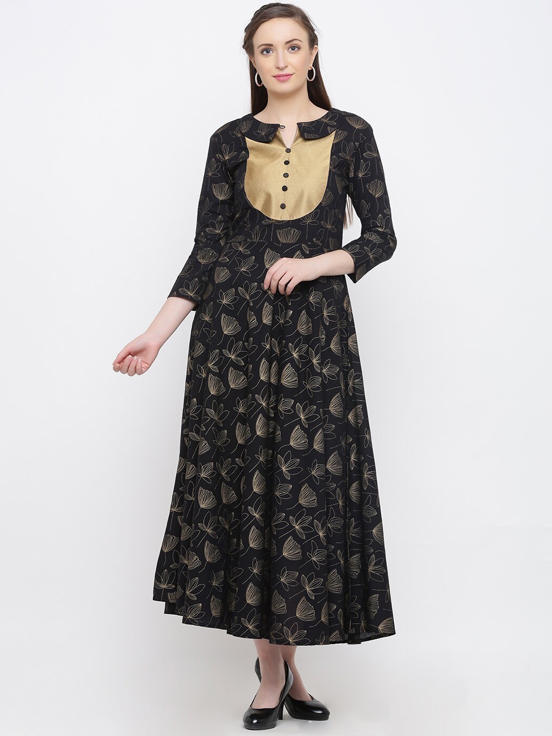 Indian Virasat Women Black & Gold-Toned Ethnic Motifs Printed Pure Cotton Maxi Dress