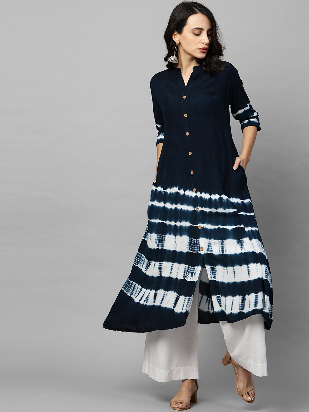FASHOR Women Blue & White Tie-Dye Printed A-Line Kurta