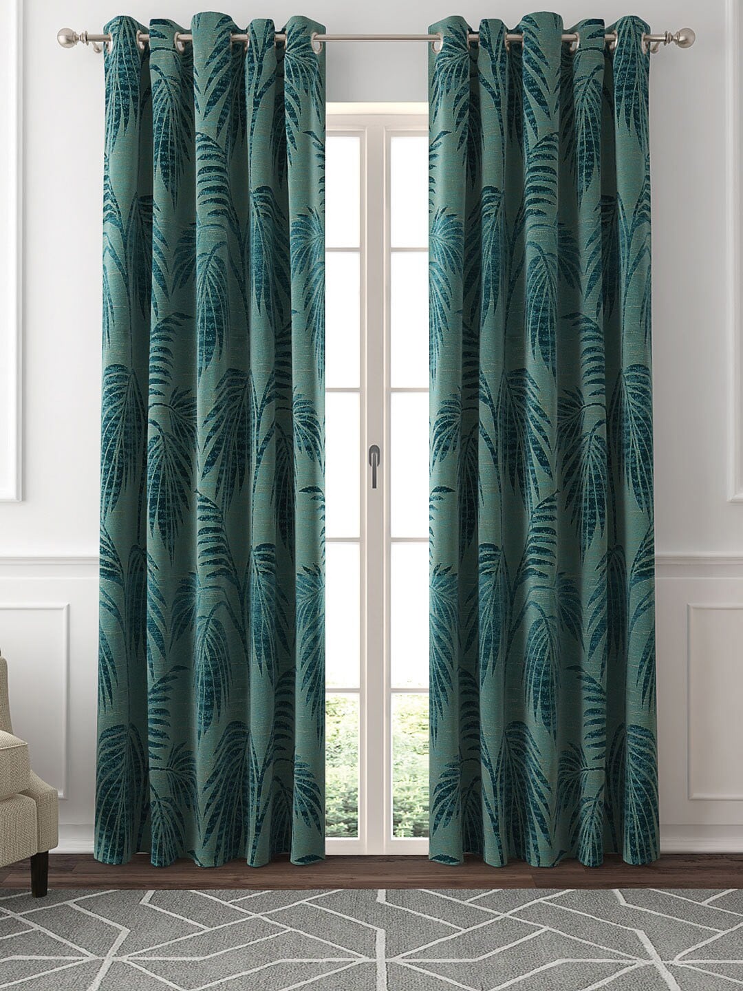 GM Green & Green Set of 2 Floral Room Darkening Door Curtains