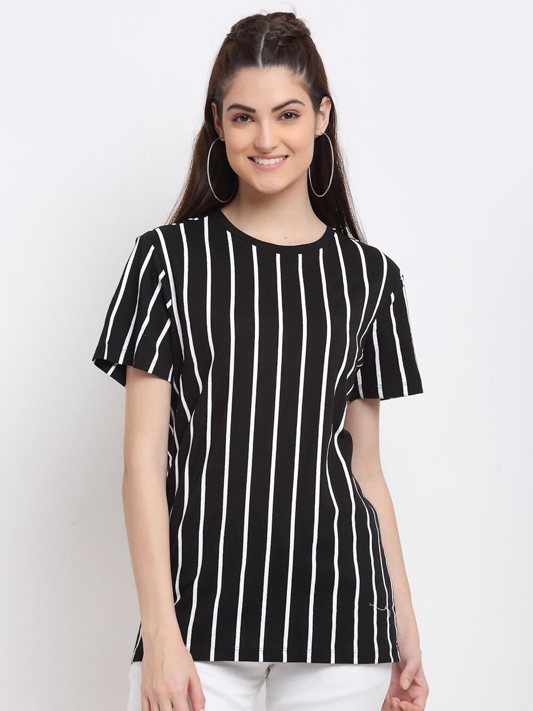 DOOR74 Women Black Striped Pockets T-shirt