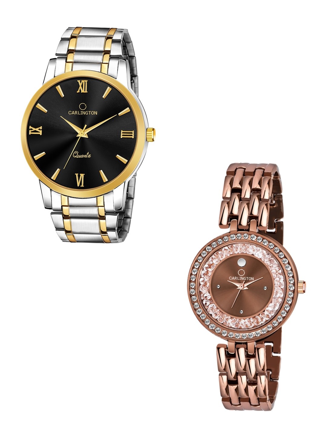 CARLINGTON Unisex Set of 2 Analogue Watches Combo CT-6210SB and Mova Diamond Brown, Multi