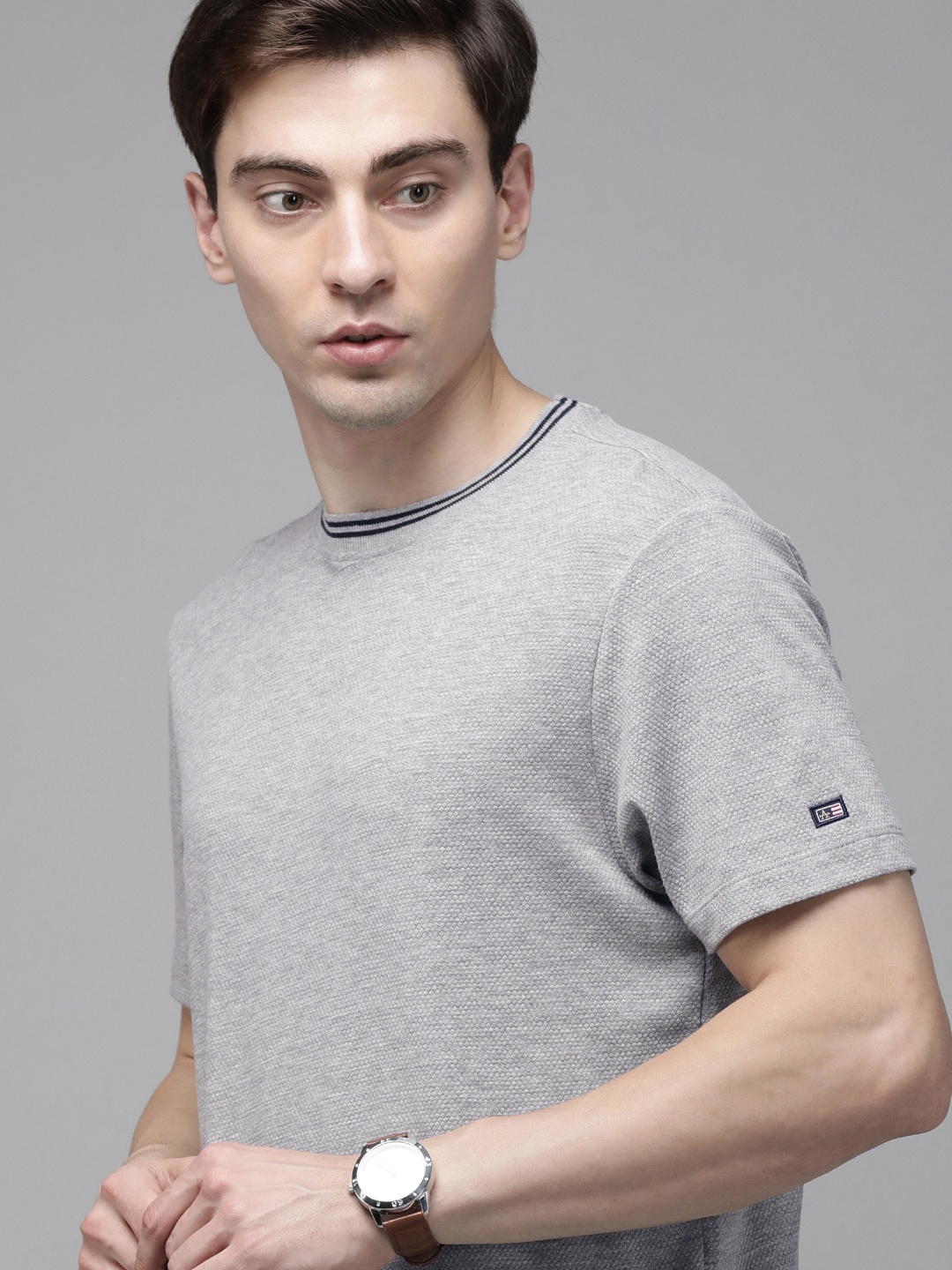 Arrow Sport Men Grey Melange Self-Design T-shirt