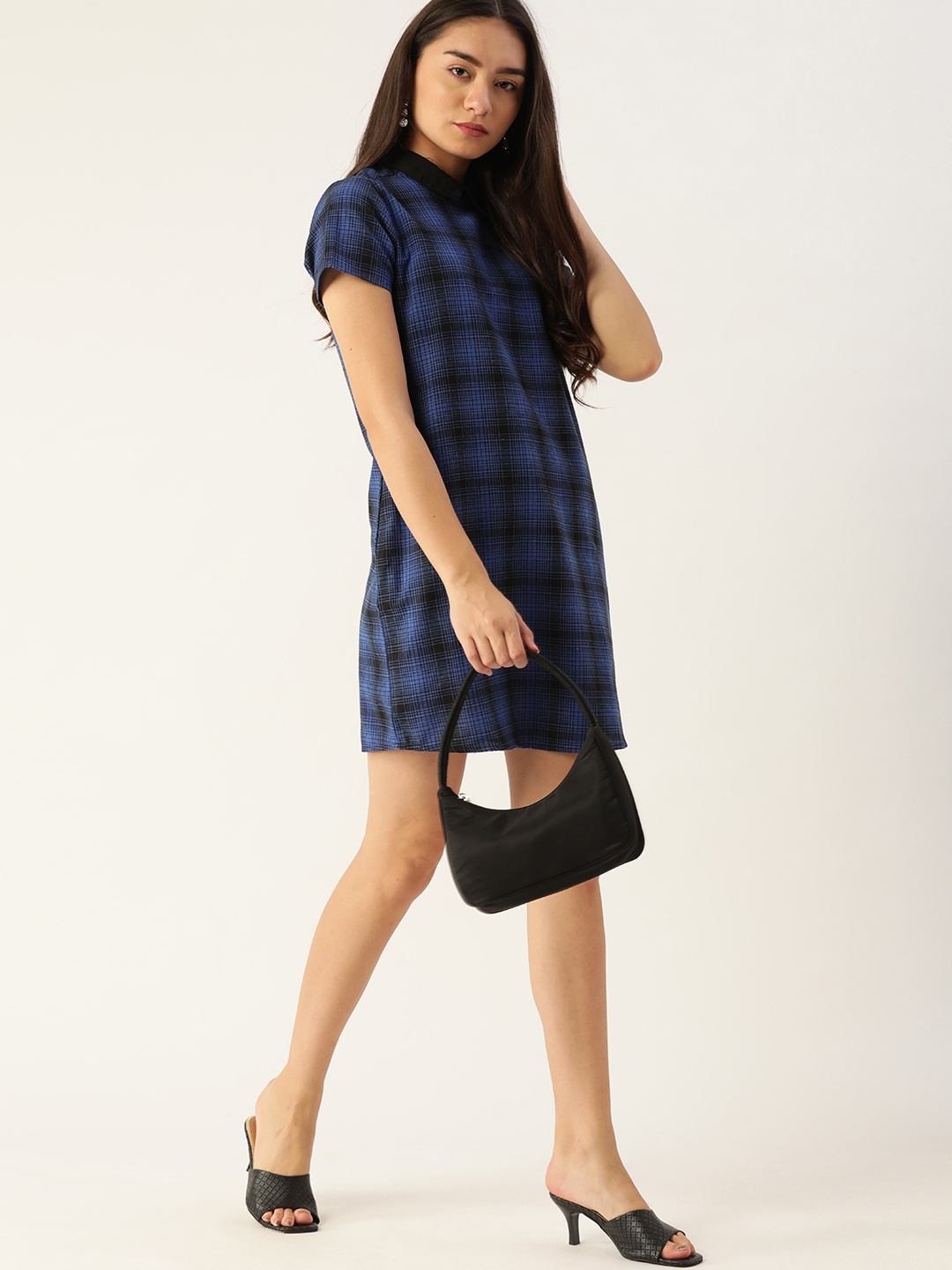 DressBerry Blue & Black Pure Cotton Checked Mini T-shirt Dress