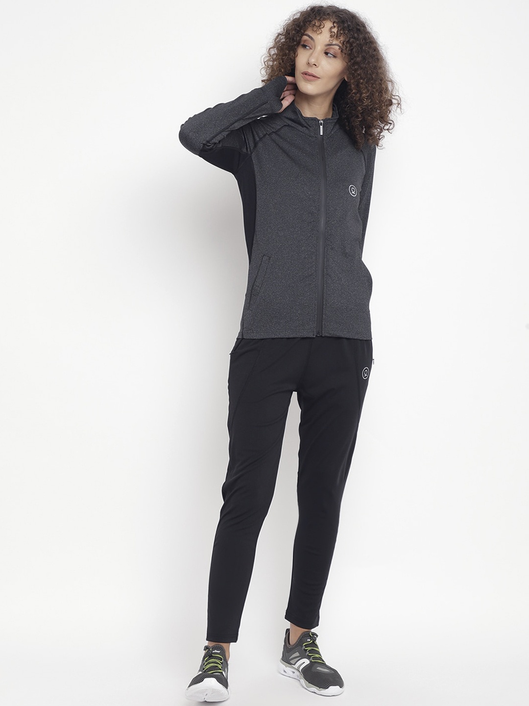 Chkokko Women Black Solid Tracksuits, Grey melange