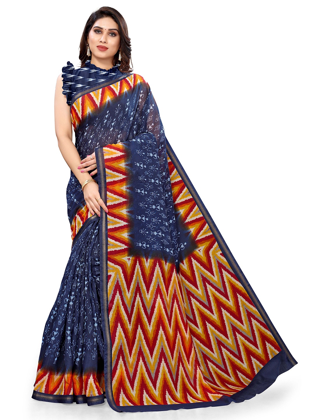 KALINI Navy Blue & Red Warli Printed Zari Saree