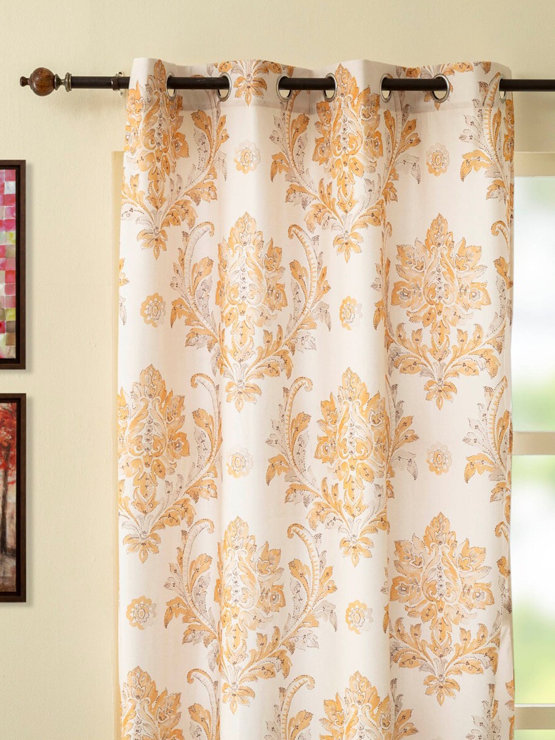 Home Centre White & Orange Floral Long Door Curtain