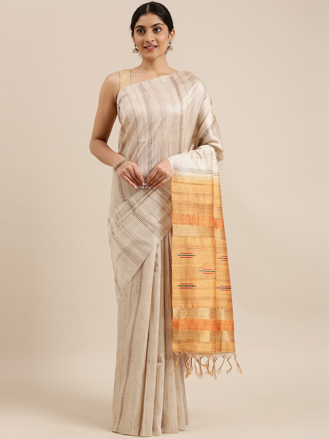 The Chennai Silks Beige & Orange Fusion Saree