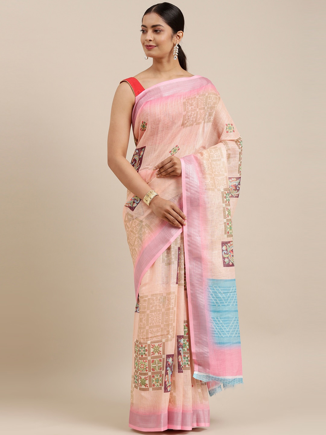The Chennai Silks Orange & Blue Floral Linen Blend Fusion Saree