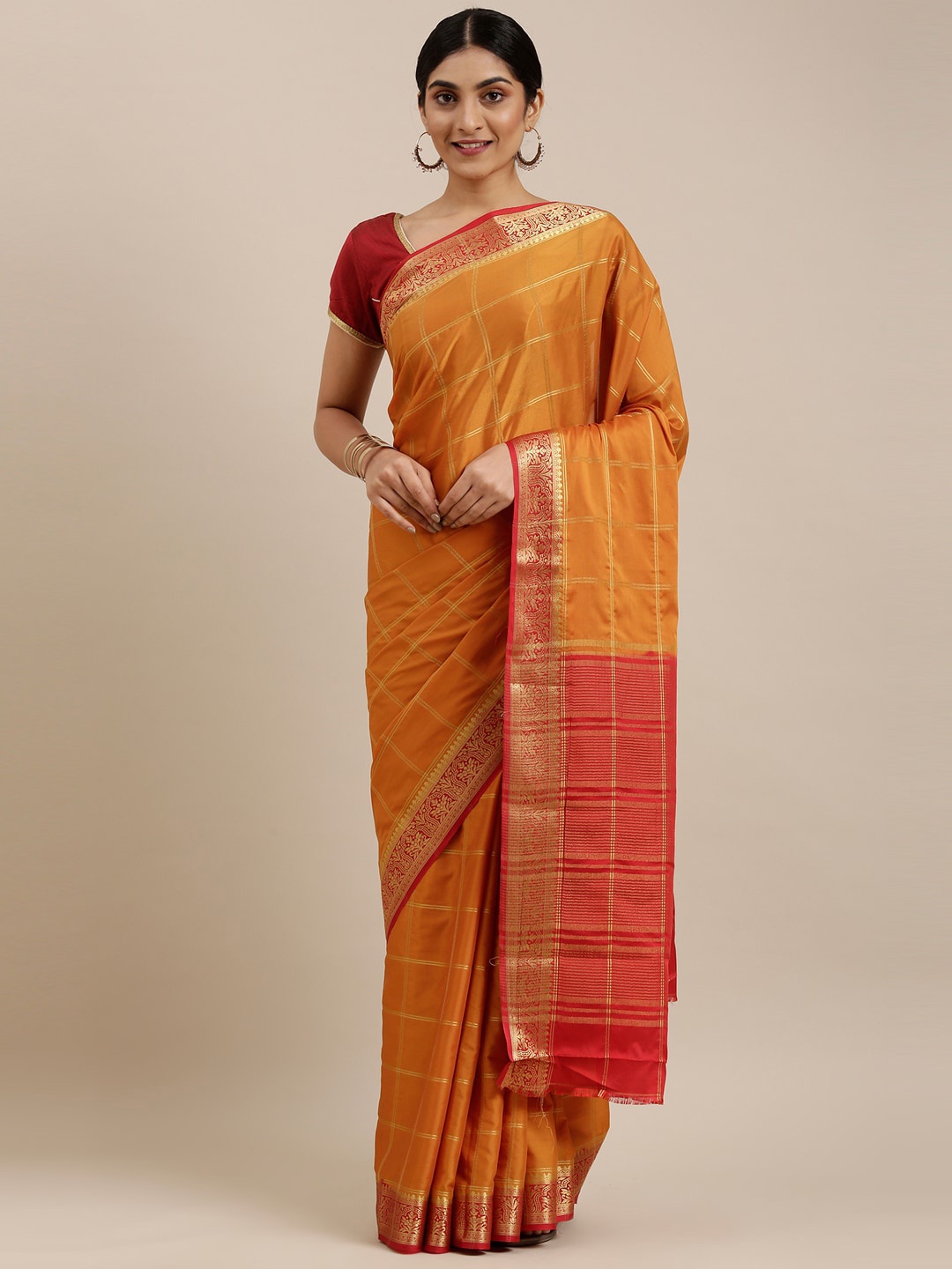 The Chennai Silks Mustard & Red Checked Zari Saree