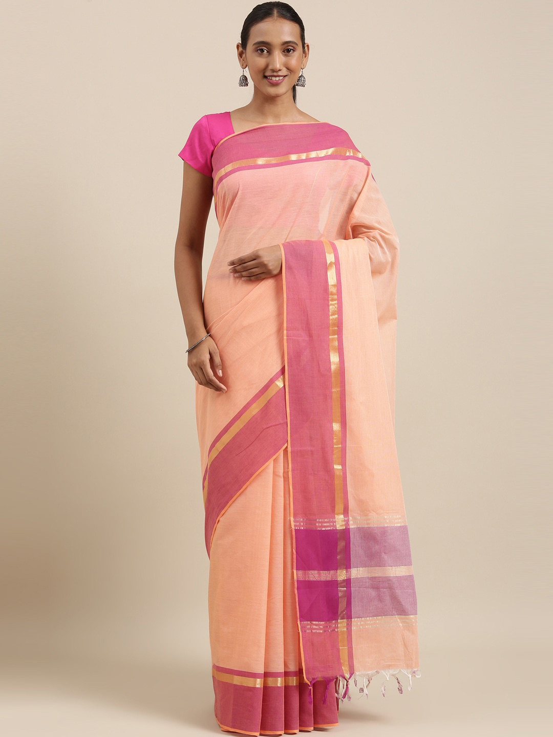 The Chennai Silks Peach-Coloured & Pink Woven Design Pure Cotton Saree 
The Chennai Silks Peach-Coloured & Pink Woven Design Pure Cotton Saree