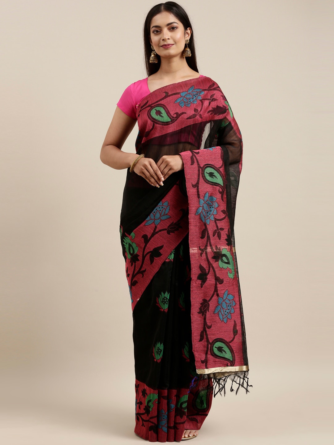 The Chennai Silks Black & Pink Woven Design Saree