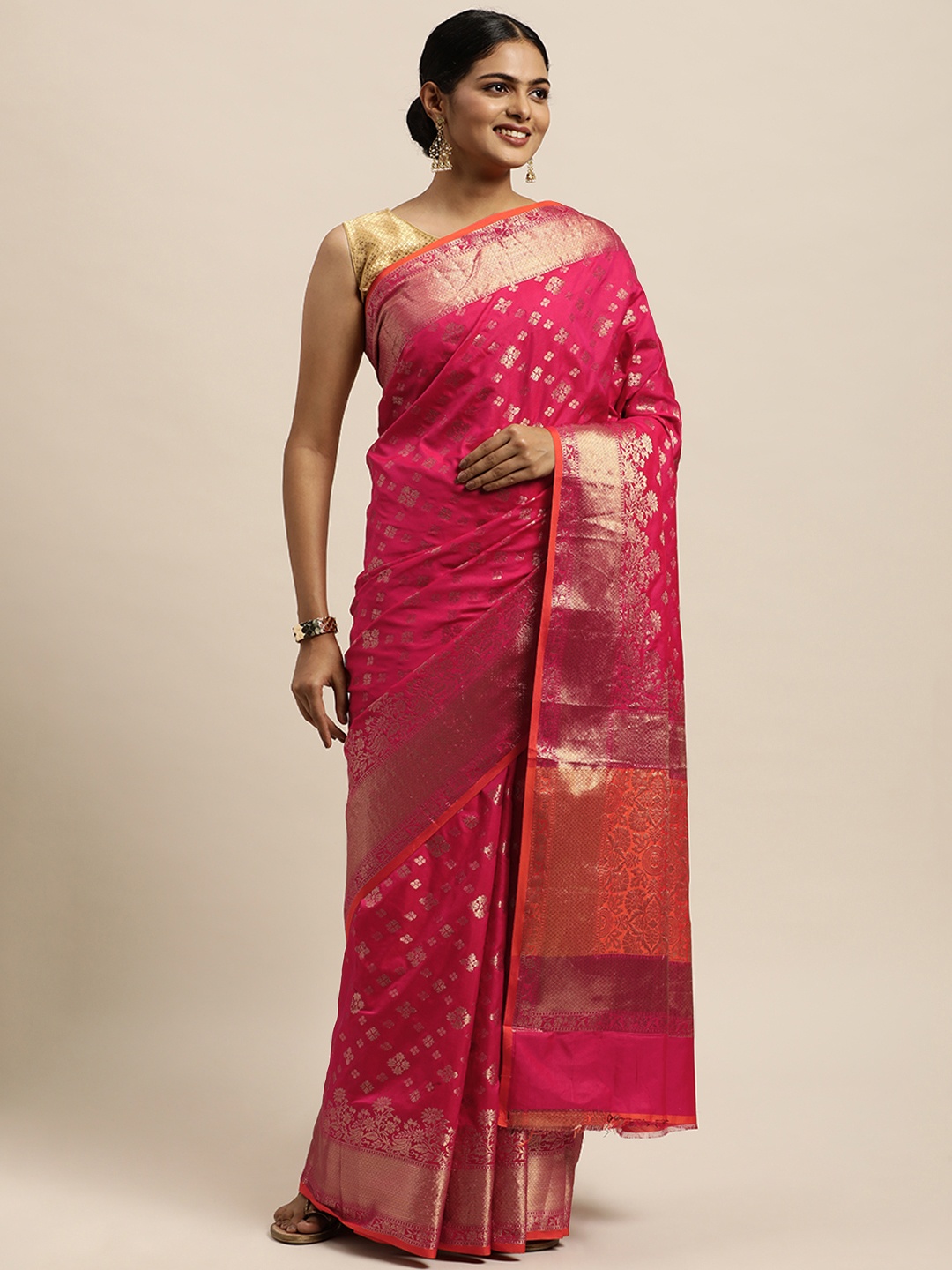 SANGAM PRINTS Pink Ethnic Motifs Zari Pure Silk Saree