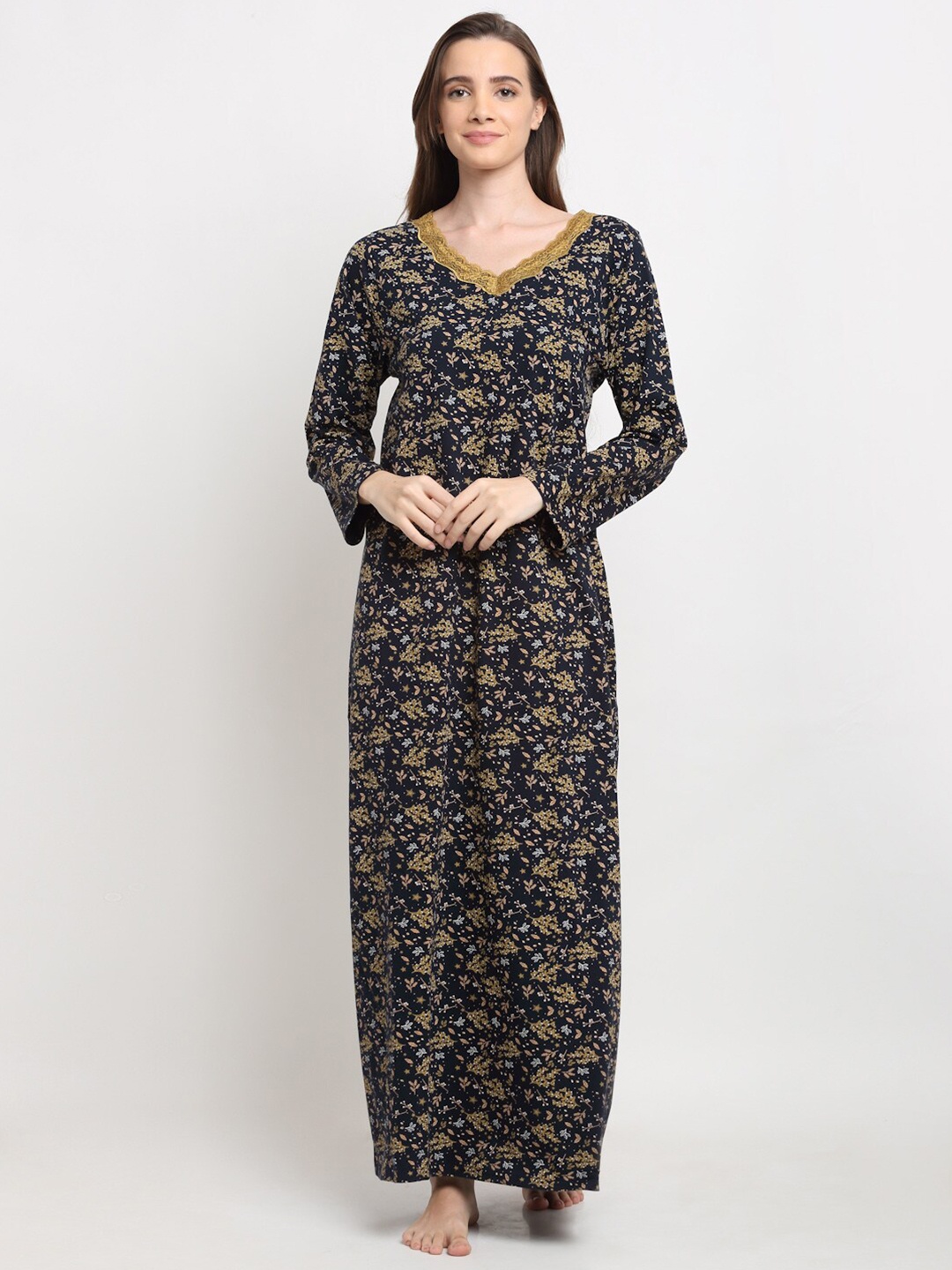 Kanvin Women Navy Blue & Brown Floral Printed Pure Cotton Everyday Maxi Night Dress
Kanvin Women Navy Blue & Brown Floral Printed Pure Cotton Everyday Maxi Night Dress