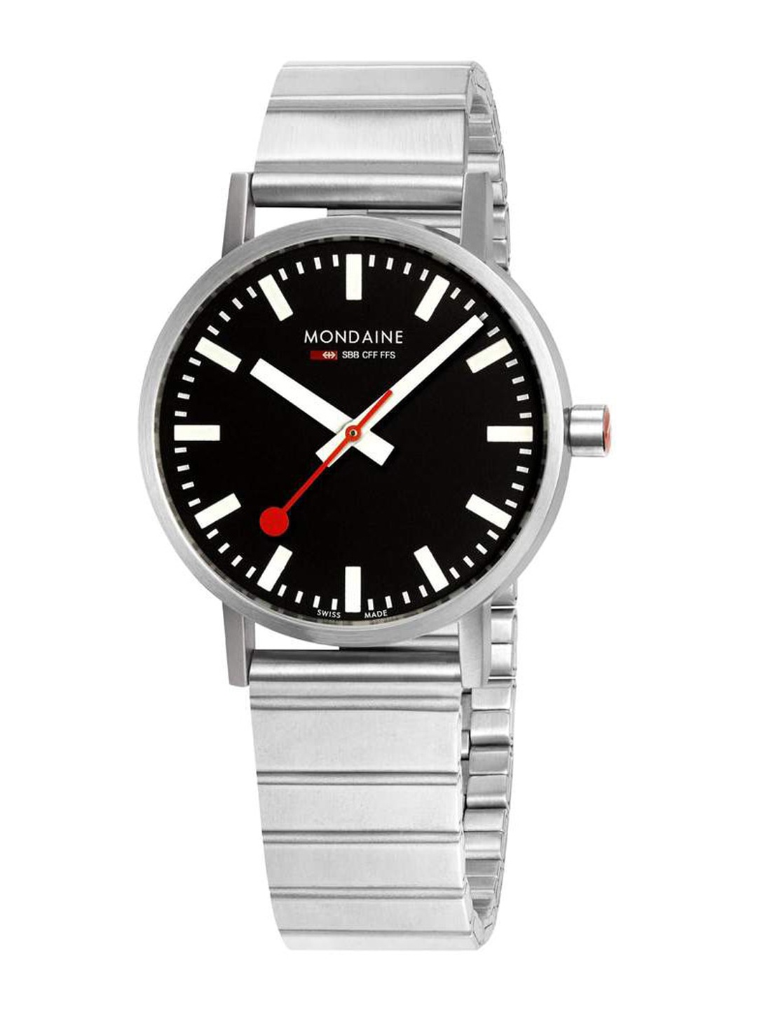 Mondaine Men Black Dial & Silver Toned Stainless Steel Bracelet Style Straps Analogue Watch
Mondaine Men Black Dial & Silver Toned Stainless Steel Bracelet Style Straps Analogue Watch