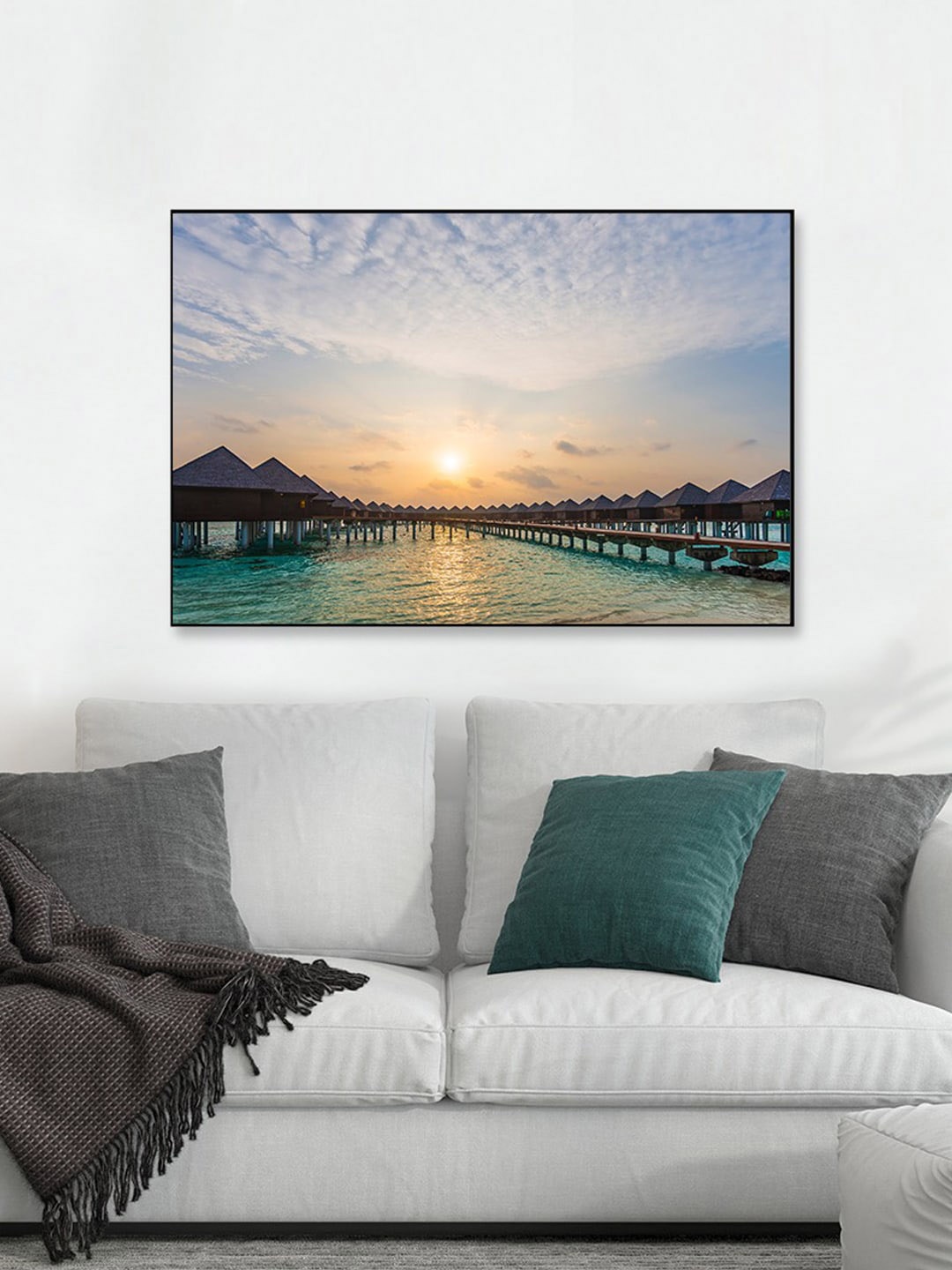 WALLMANTRA Sea Green & Blue Painted Rising Sun over Maldivian houses Framed Wall Art
WALLMANTRA Sea Green & Blue Painted Rising Sun over Maldivian houses Framed Wall Art