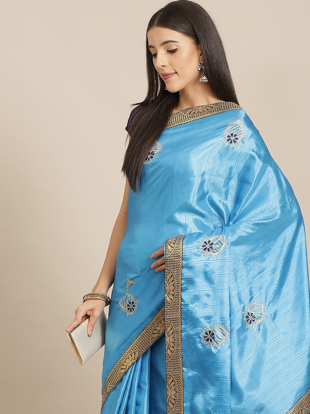 Anouk Blue Floral Silk Blend Saree