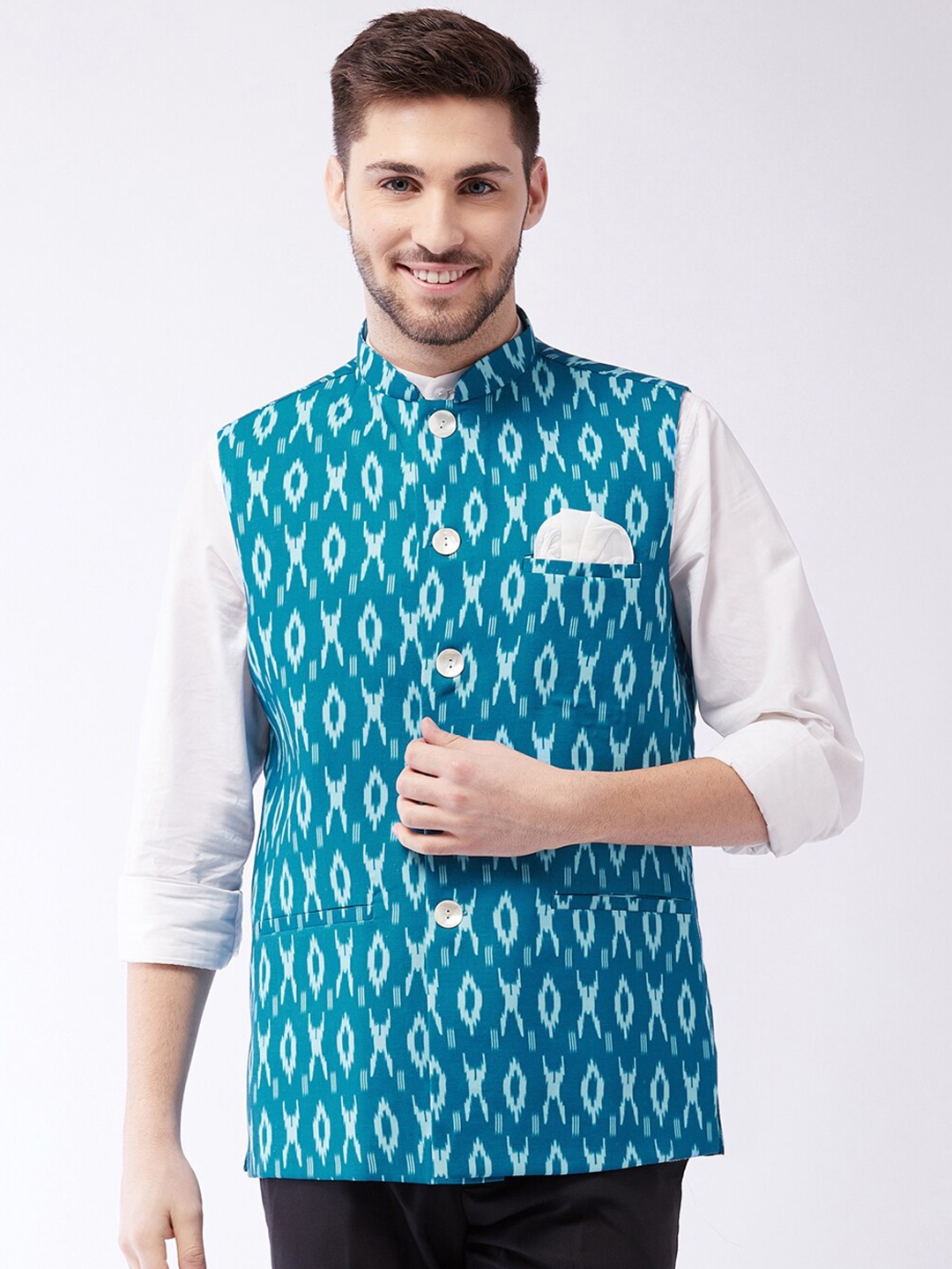 VASTRAMAY Men Turquoise Blue & White Ikkat Printed Cotton Slim-Fit Woven Nehru Jacket
VASTRAMAY Men Turquoise Blue & White Ikkat Printed Cotton Slim-Fit Woven Nehru Jacket