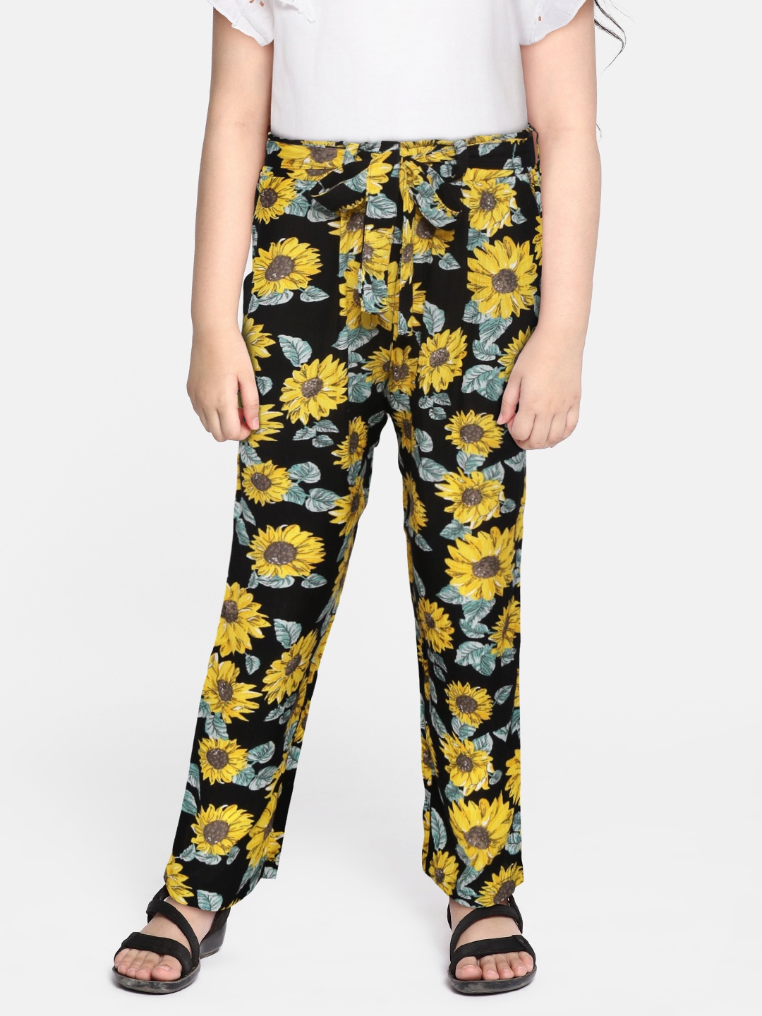luyk Girls Black Floral Printed High-Rise Pleated Parallel Trousers