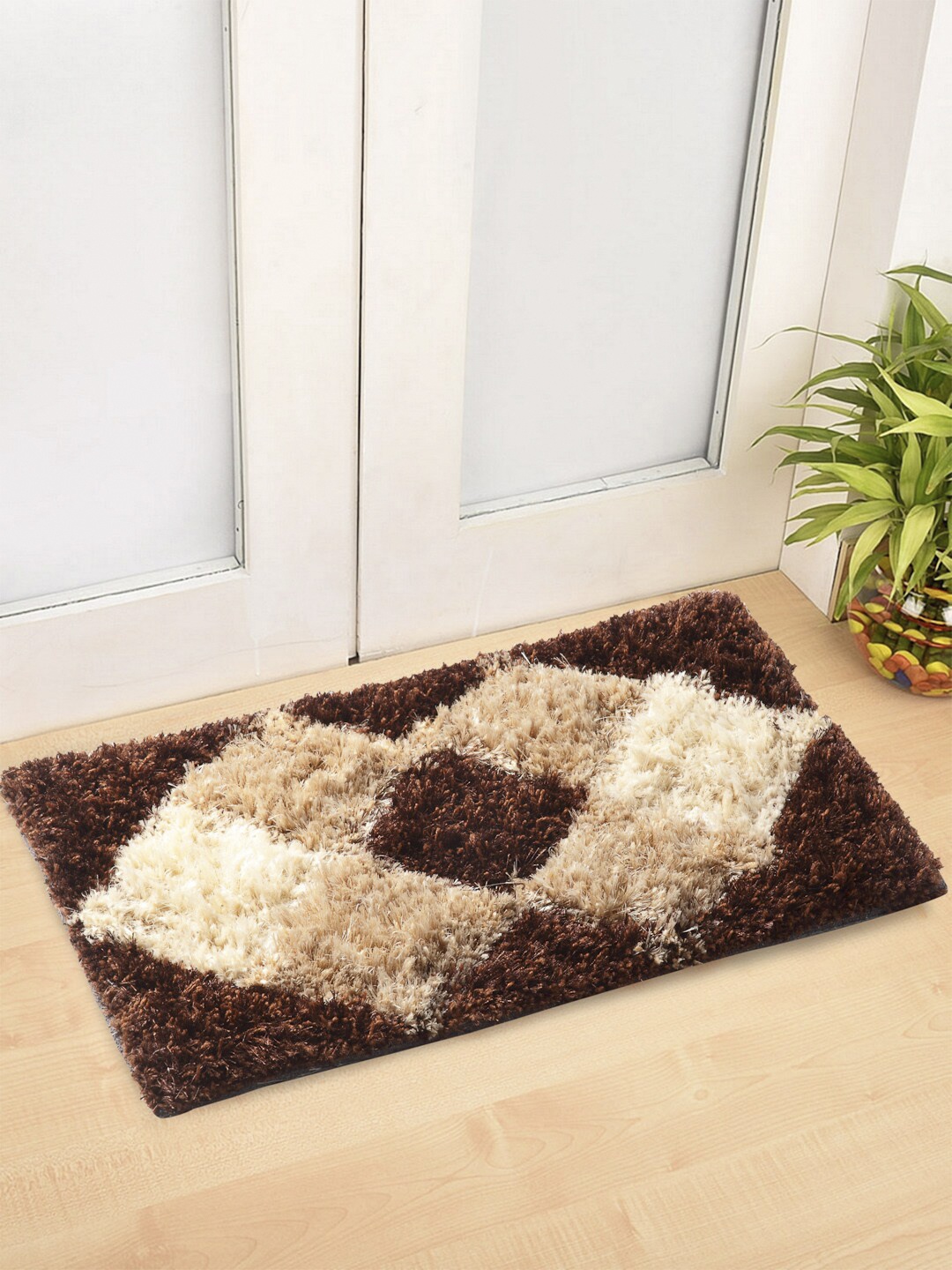 Arrabi Set Of 2 Brown & Beige Geometric Synthetic Floor Mats