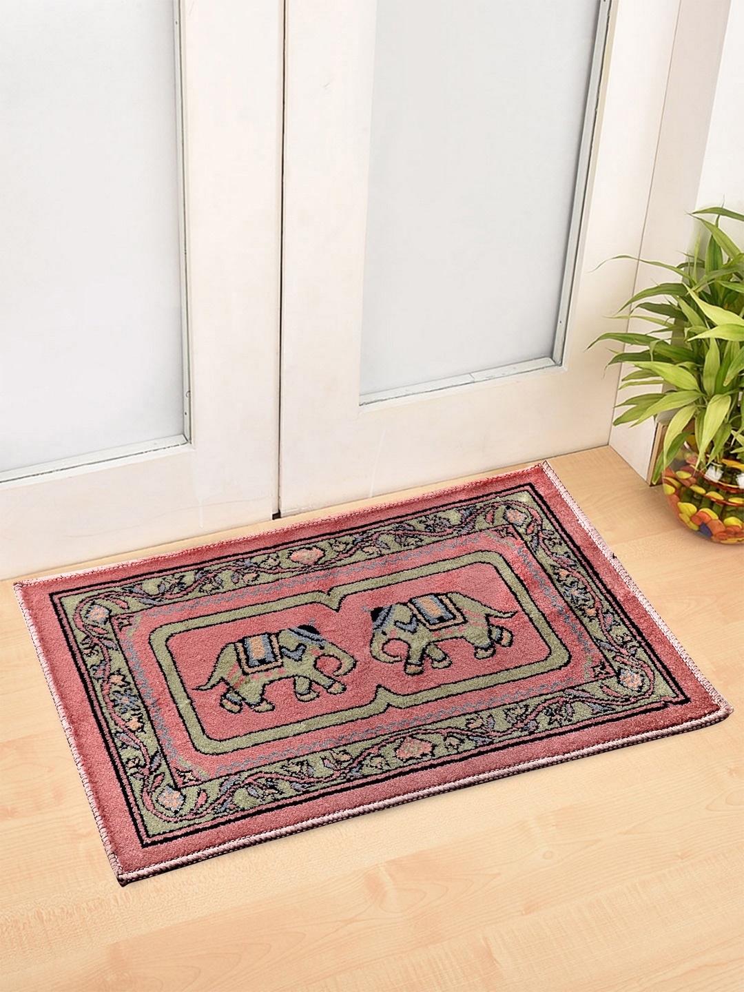 Arrabi Set Of 2 Pink & Beige Ethnic Motifs Synthetic Floor Mats