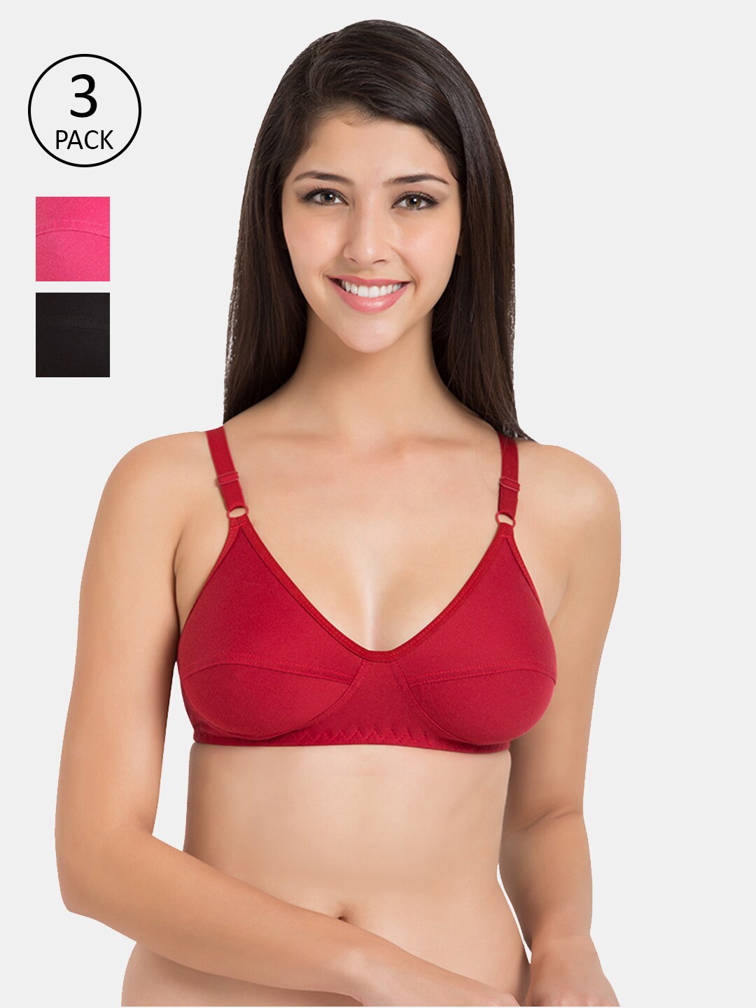Komli Women Pack of 3 Everyday Cotton Bra, Red