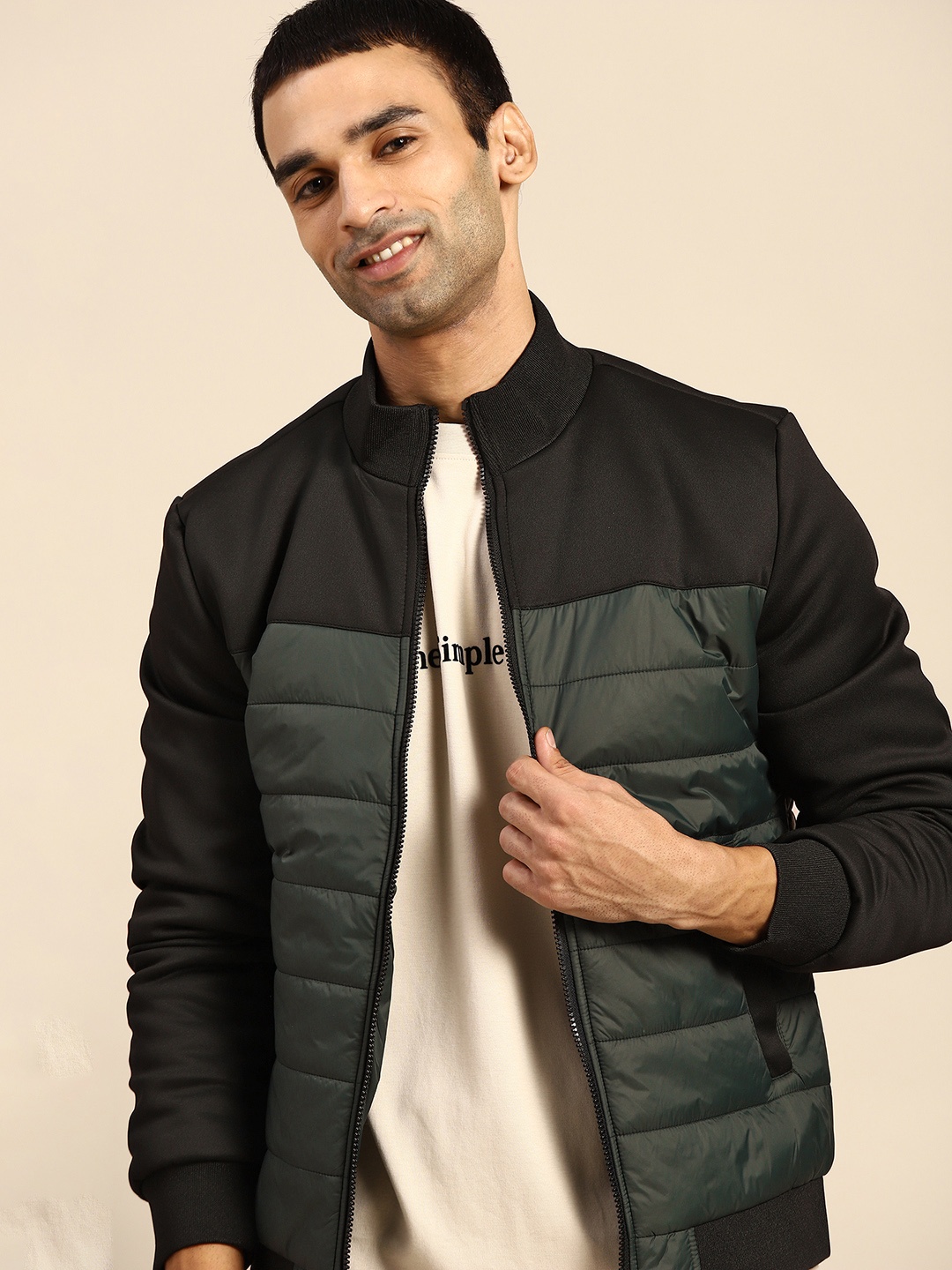 United Colors of Benetton Men Green & Black Colourblocked Padded Jacket