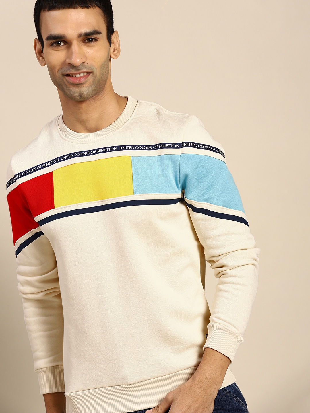 United Colors of Benetton Men Cream-Coloured & Yellow Striped Sweatshirt
