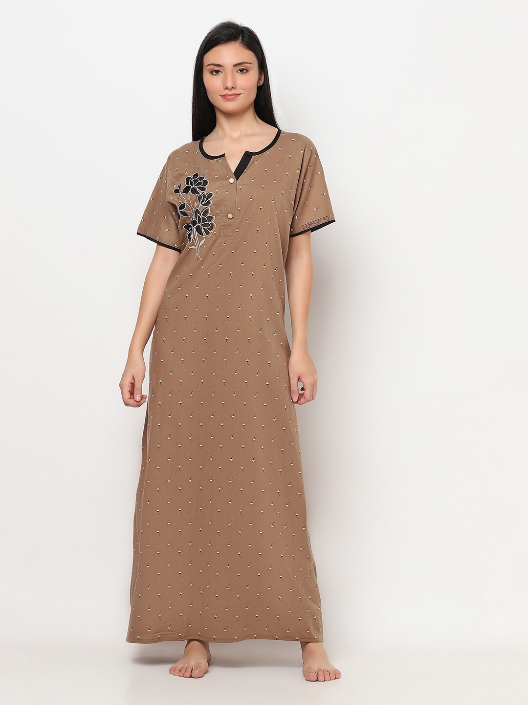 TRUNDZ Khaki Embroidered Maxi Nightdress