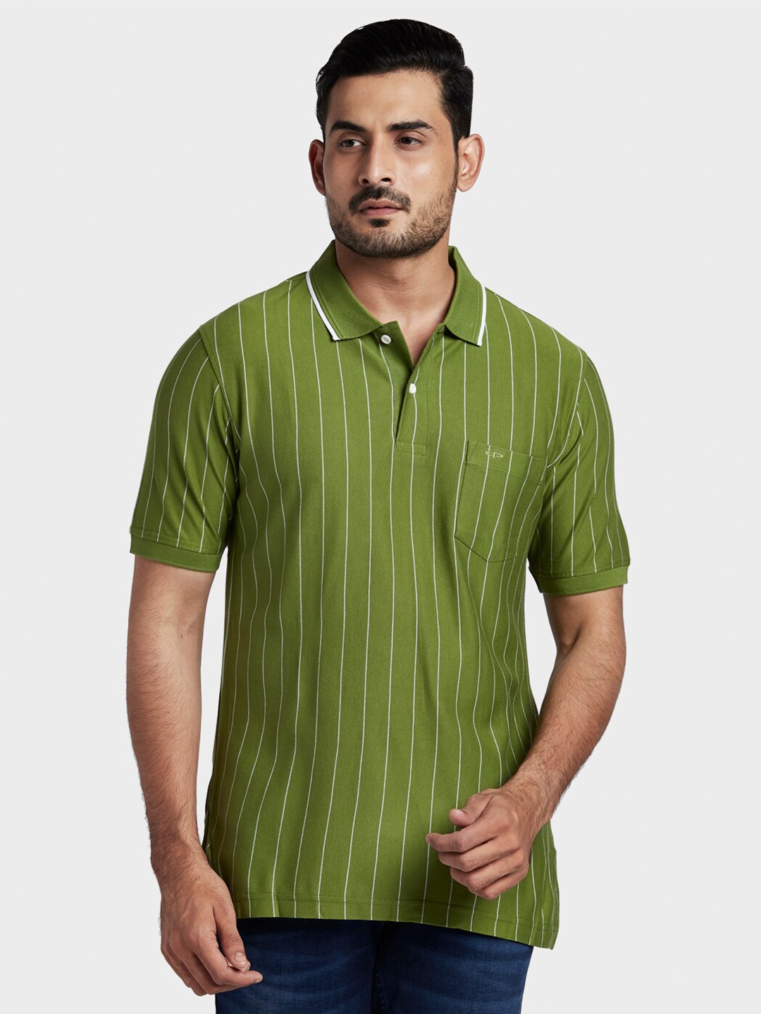 ColorPlus Men Green & White Striped Polo Collar Pockets T-shirt