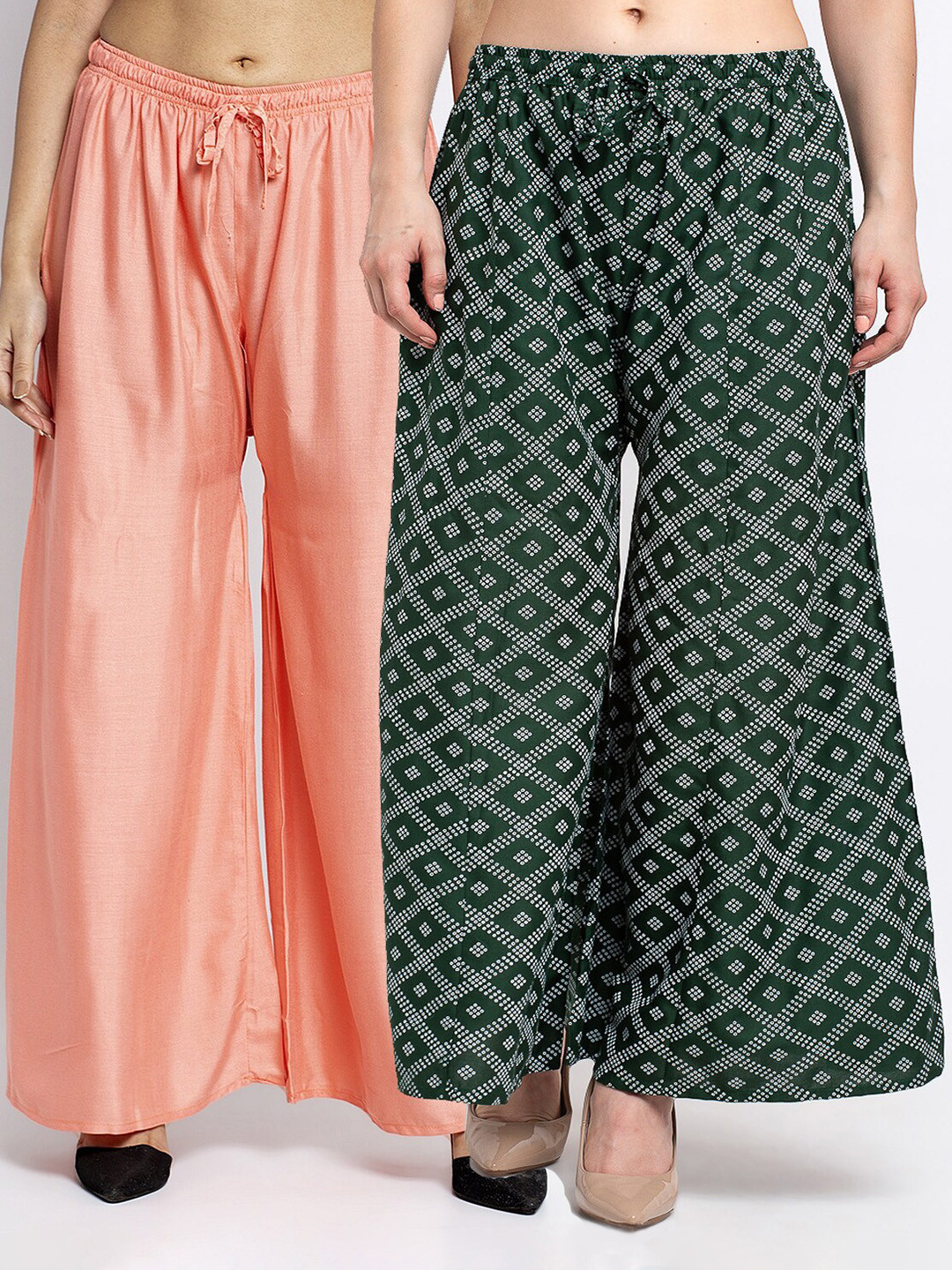 GRACIT Women Pack Of 2 Peach-Coloured & Green Printed Flared Knitted Ethnic Palazzos
GRACIT Women Pack Of 2 Peach-Coloured & Green Printed Flared Knitted Ethnic Palazzos
