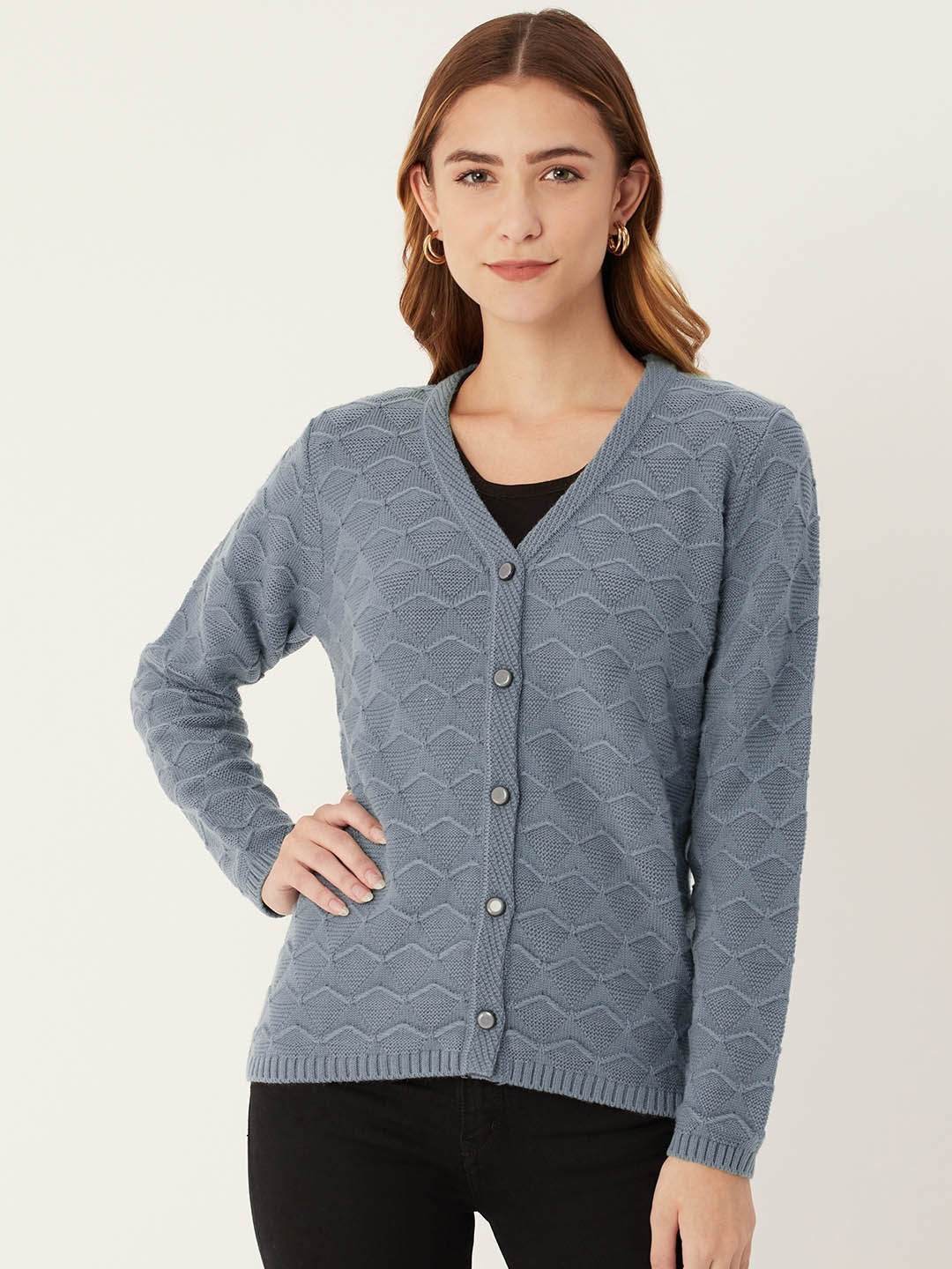 Madame Women Blue Self Design Cardigan