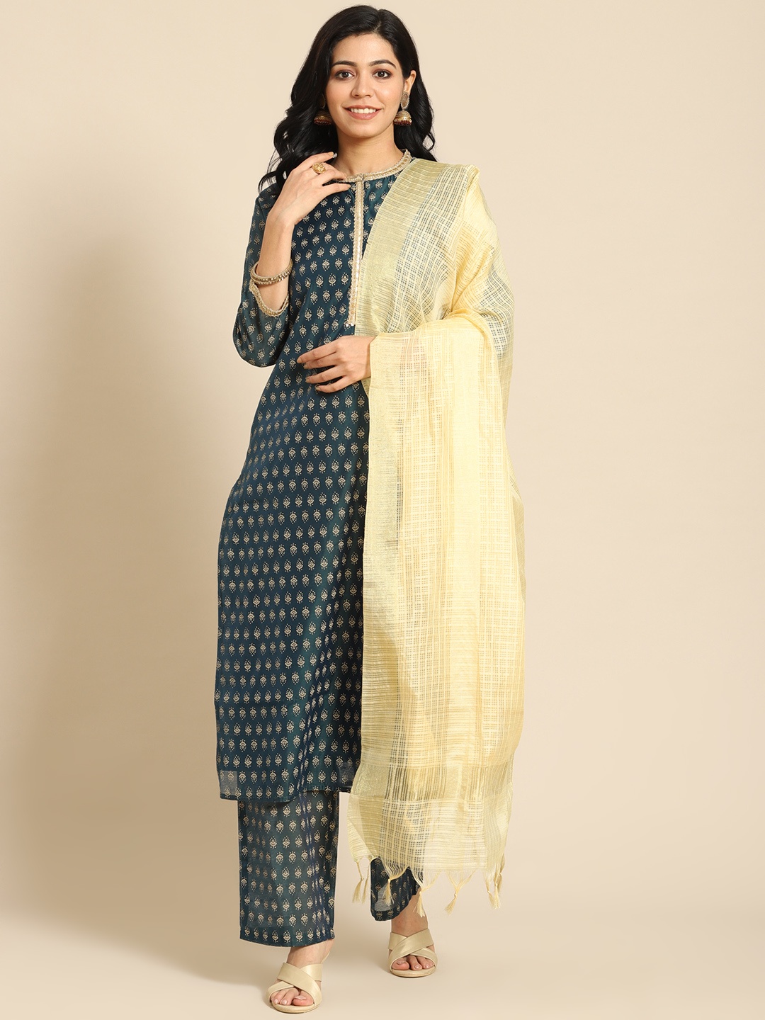 Prakrti Women Teal Green Printed Regular Chanderi Silk Kurta with Palazzos & With Dupatta
Prakrti Women Teal Green Printed Regular Chanderi Silk Kurta with Palazzos & With Dupatta